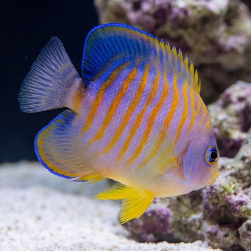 Hybrid Eibli Lemon Peel Angelfish TigerPyge side profile showing orange stripes blue fins yellow belly near coral reef sandy bottom