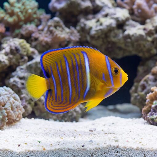 Passer Angelfish juvenile with vivid orange body and blue vertical stripes swimming near white sand and coral reef